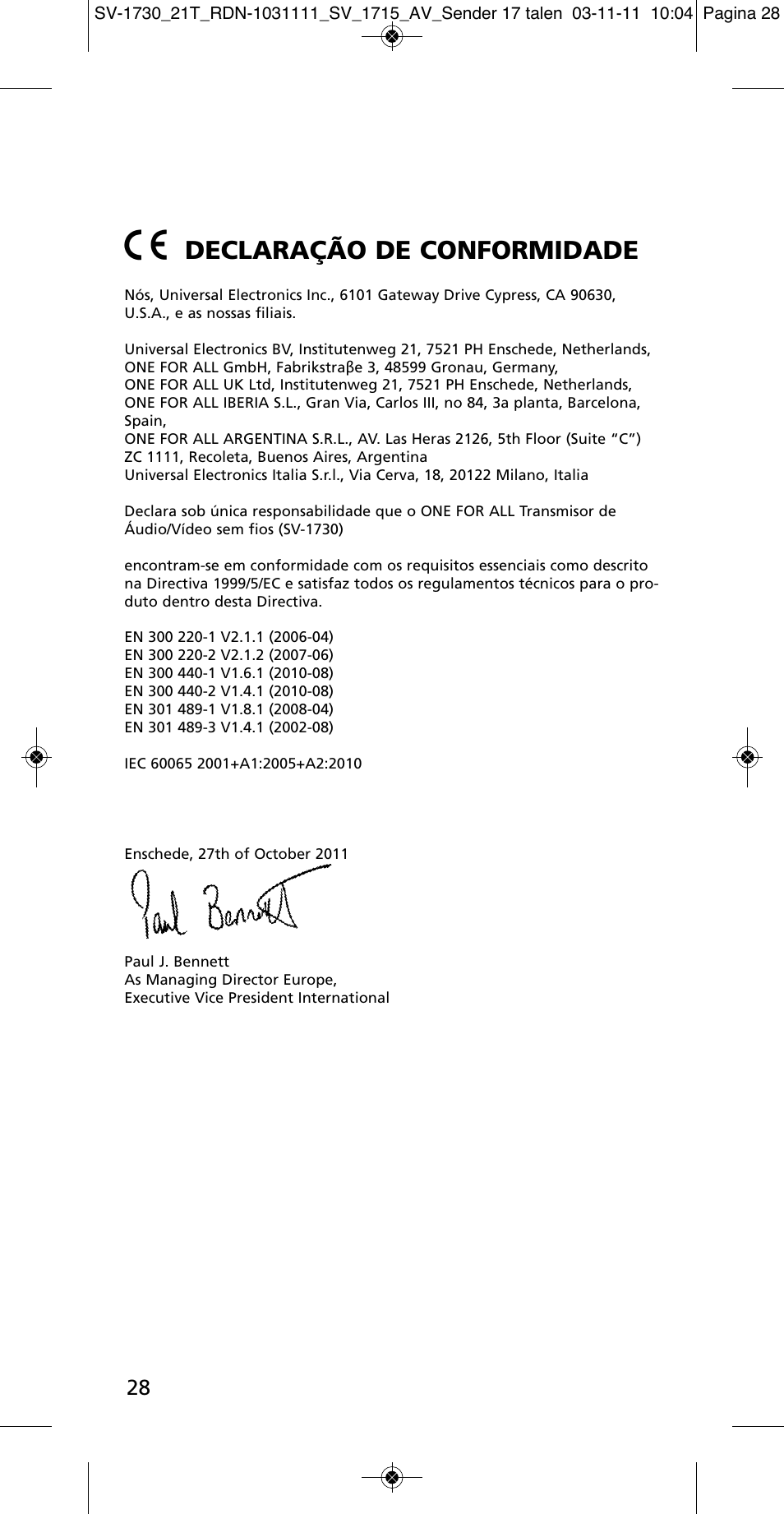 Declaração de conformidade | One for All SV 1730 Wireless 5.8 Ghz TV Sender User Manual | Page 27 / 111