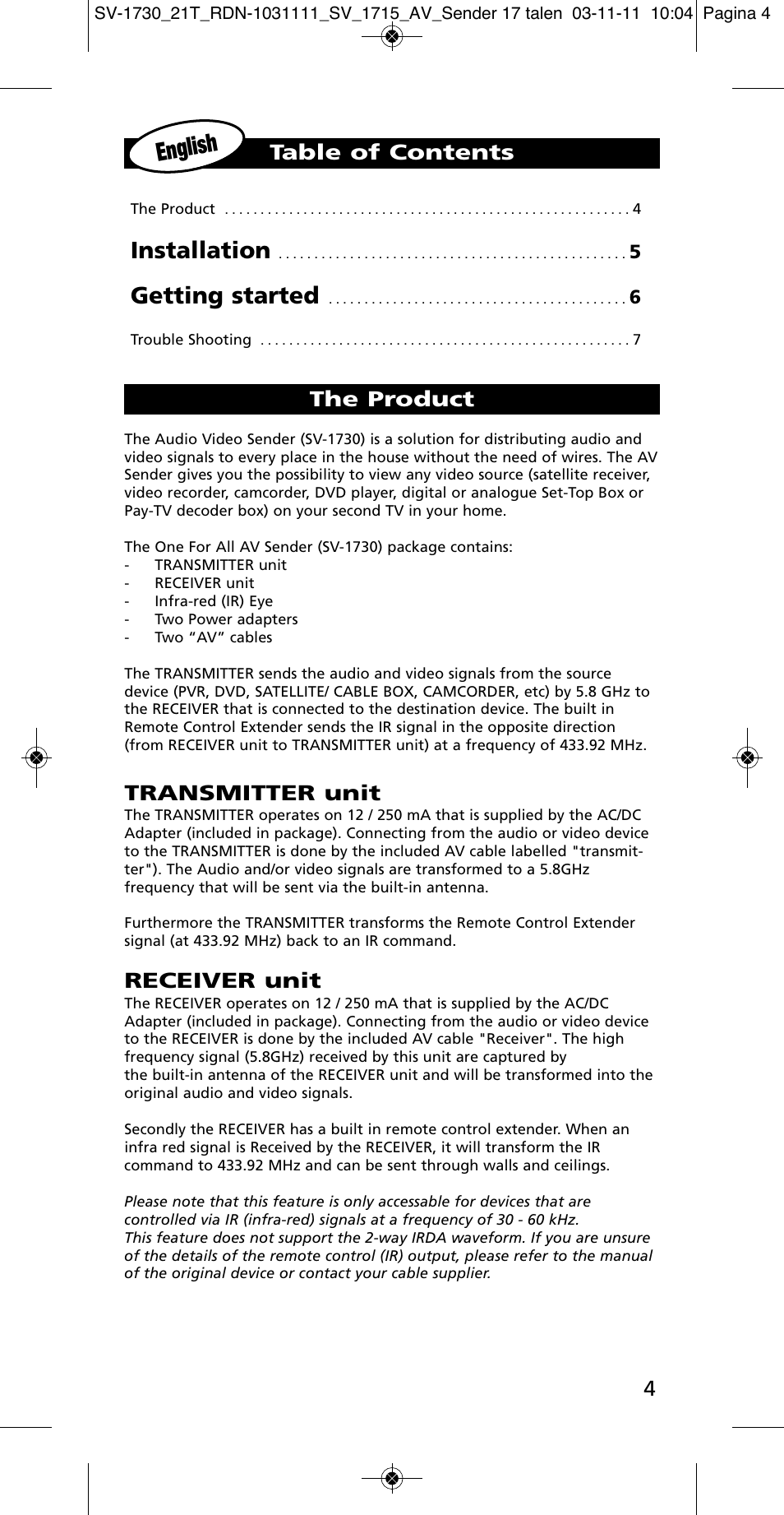 One for All SV 1730 Wireless 5.8 Ghz TV Sender User Manual | Page 3 / 111