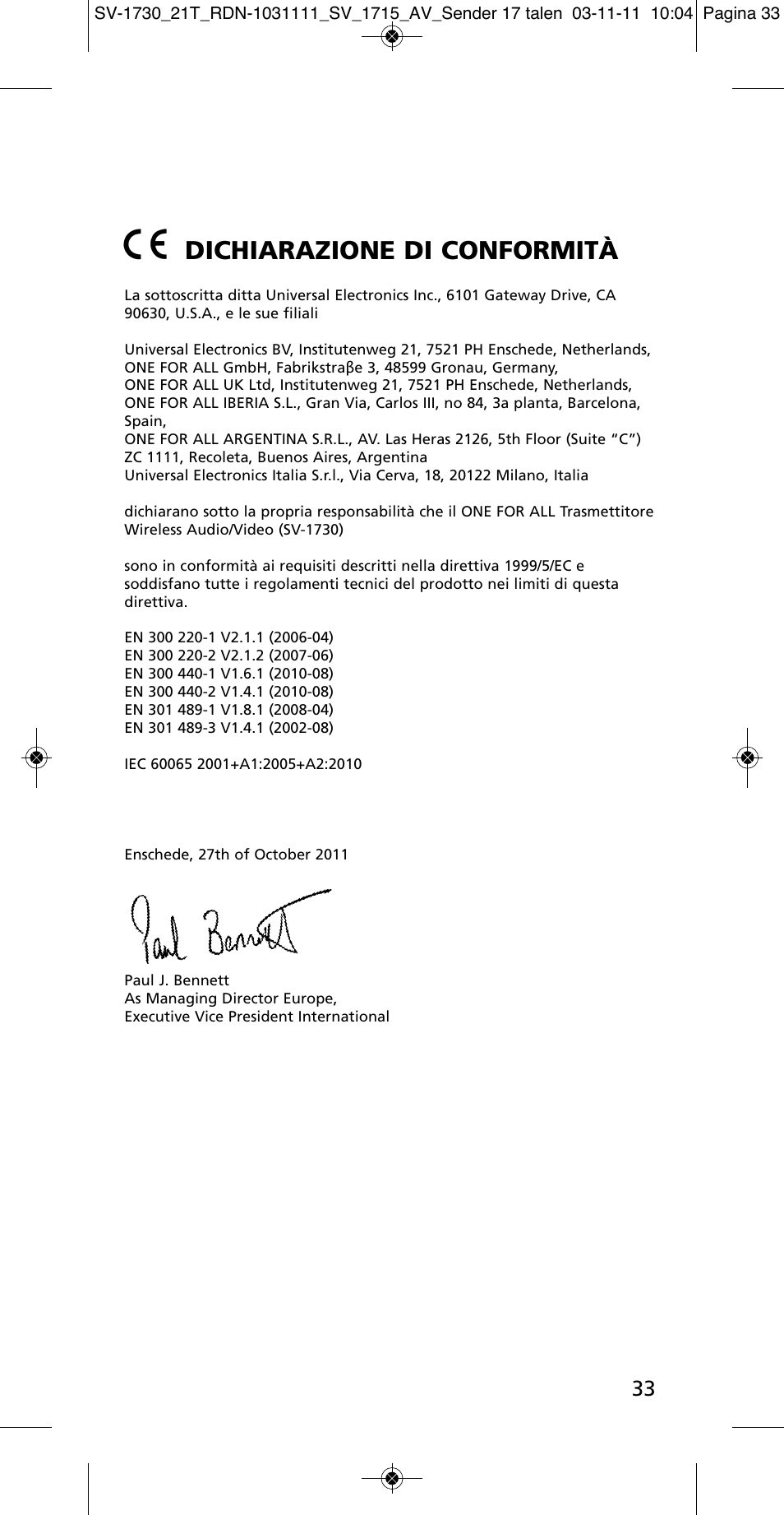 Dichiarazione di conformità | One for All SV 1730 Wireless 5.8 Ghz TV Sender User Manual | Page 32 / 111