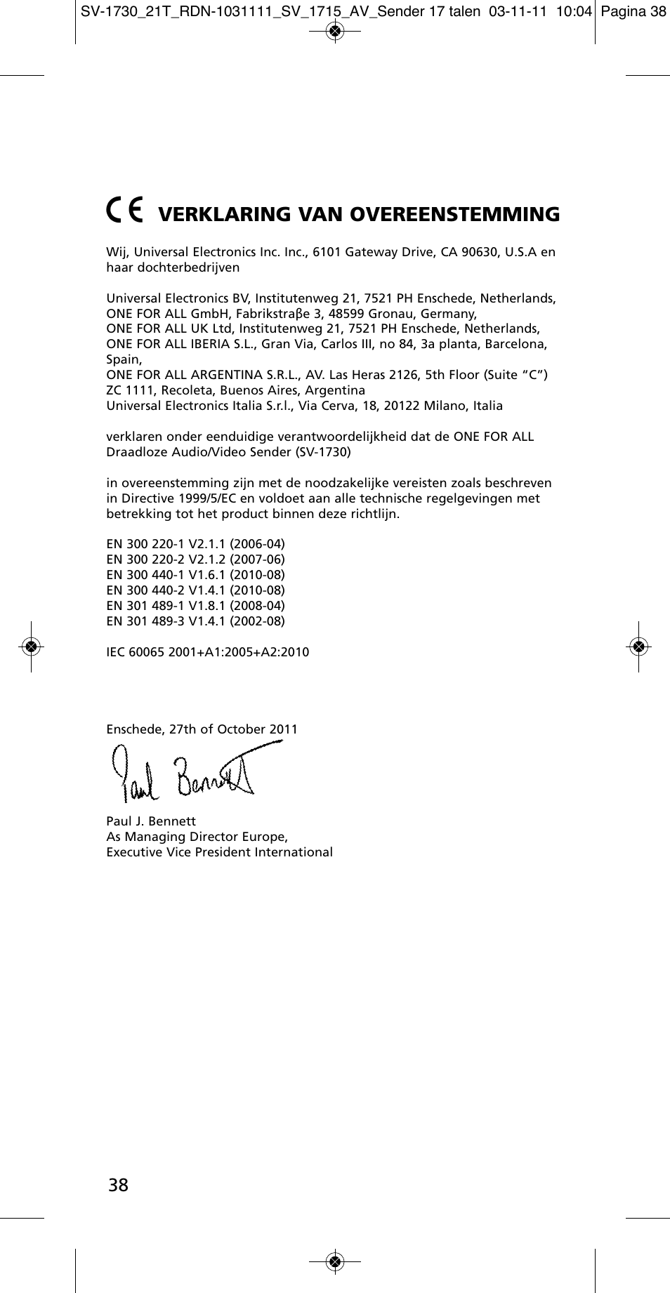 Verklaring van overeenstemming | One for All SV 1730 Wireless 5.8 Ghz TV Sender User Manual | Page 37 / 111