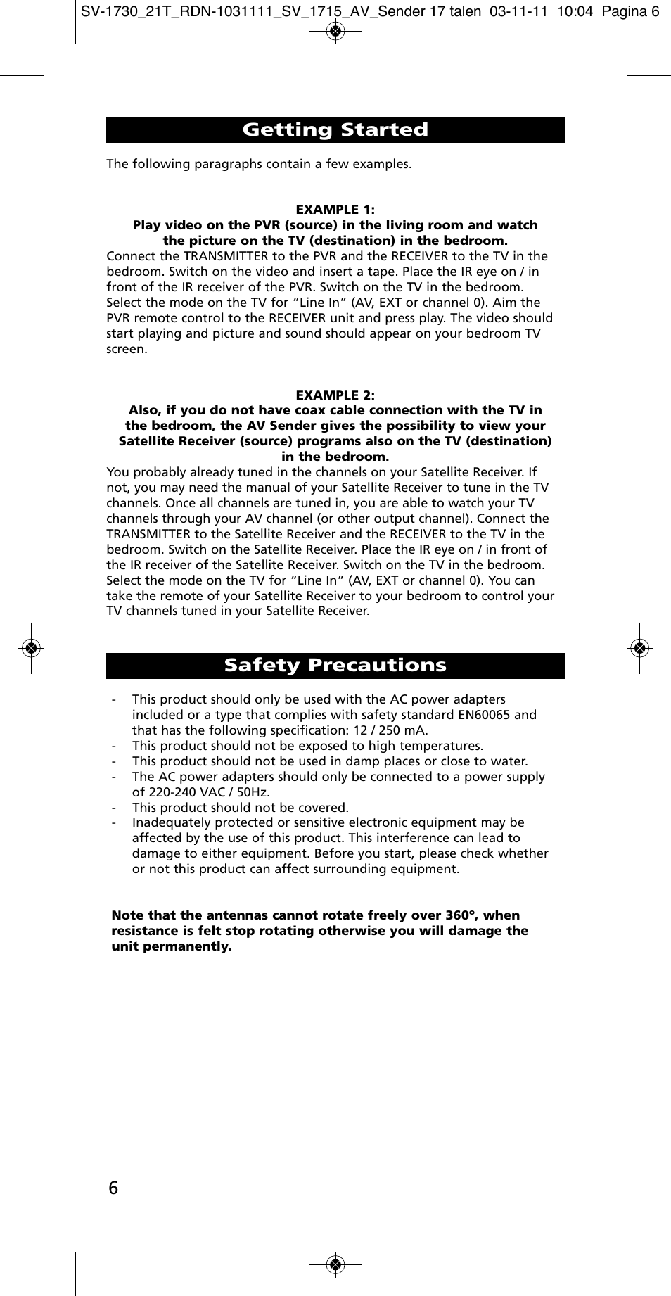 Safety precautions, Getting started | One for All SV 1730 Wireless 5.8 Ghz TV Sender User Manual | Page 5 / 111