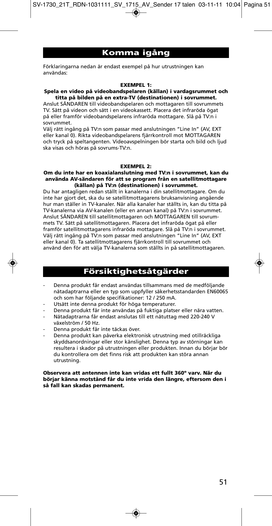 Komma igång, Försiktighetsåtgärder | One for All SV 1730 Wireless 5.8 Ghz TV Sender User Manual | Page 50 / 111