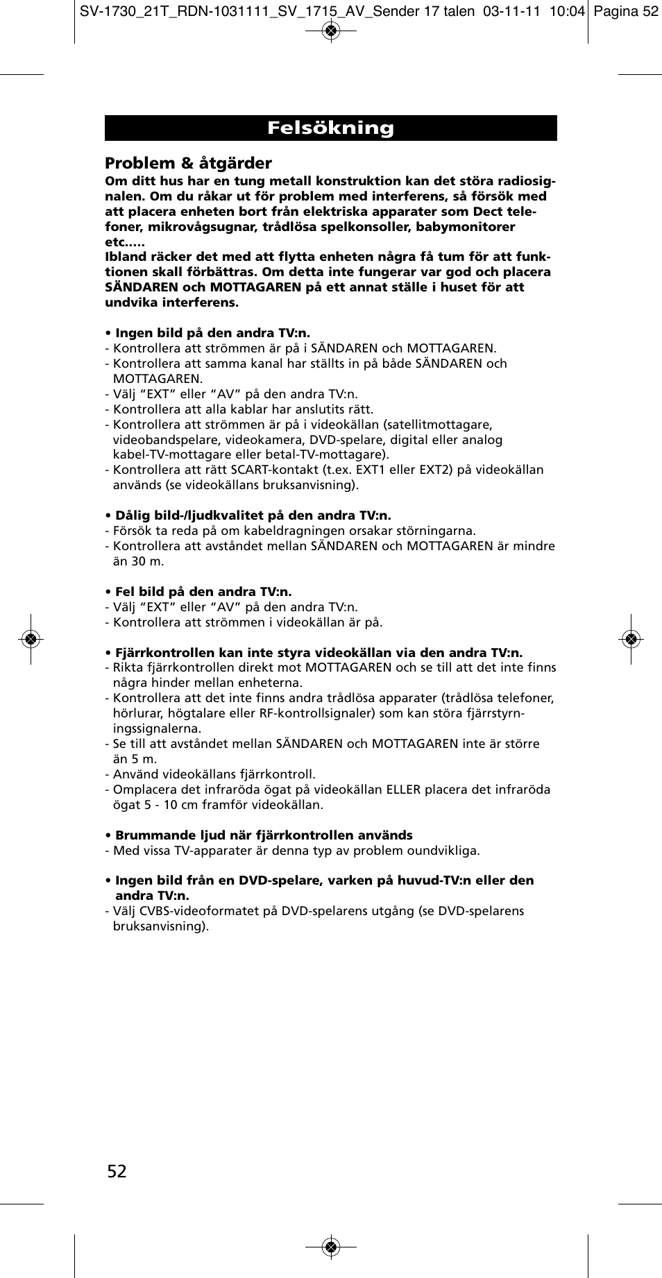 Felsökning, Problem & åtgärder | One for All SV 1730 Wireless 5.8 Ghz TV Sender User Manual | Page 51 / 111