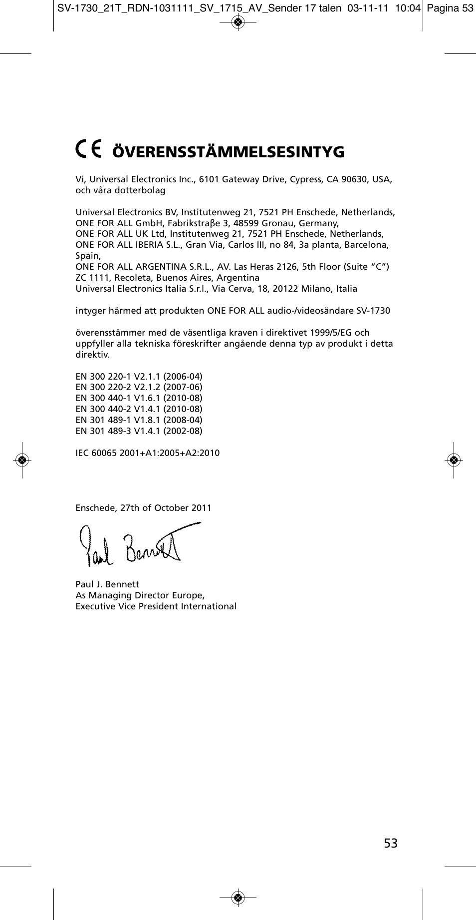 Överensstämmelsesintyg | One for All SV 1730 Wireless 5.8 Ghz TV Sender User Manual | Page 52 / 111