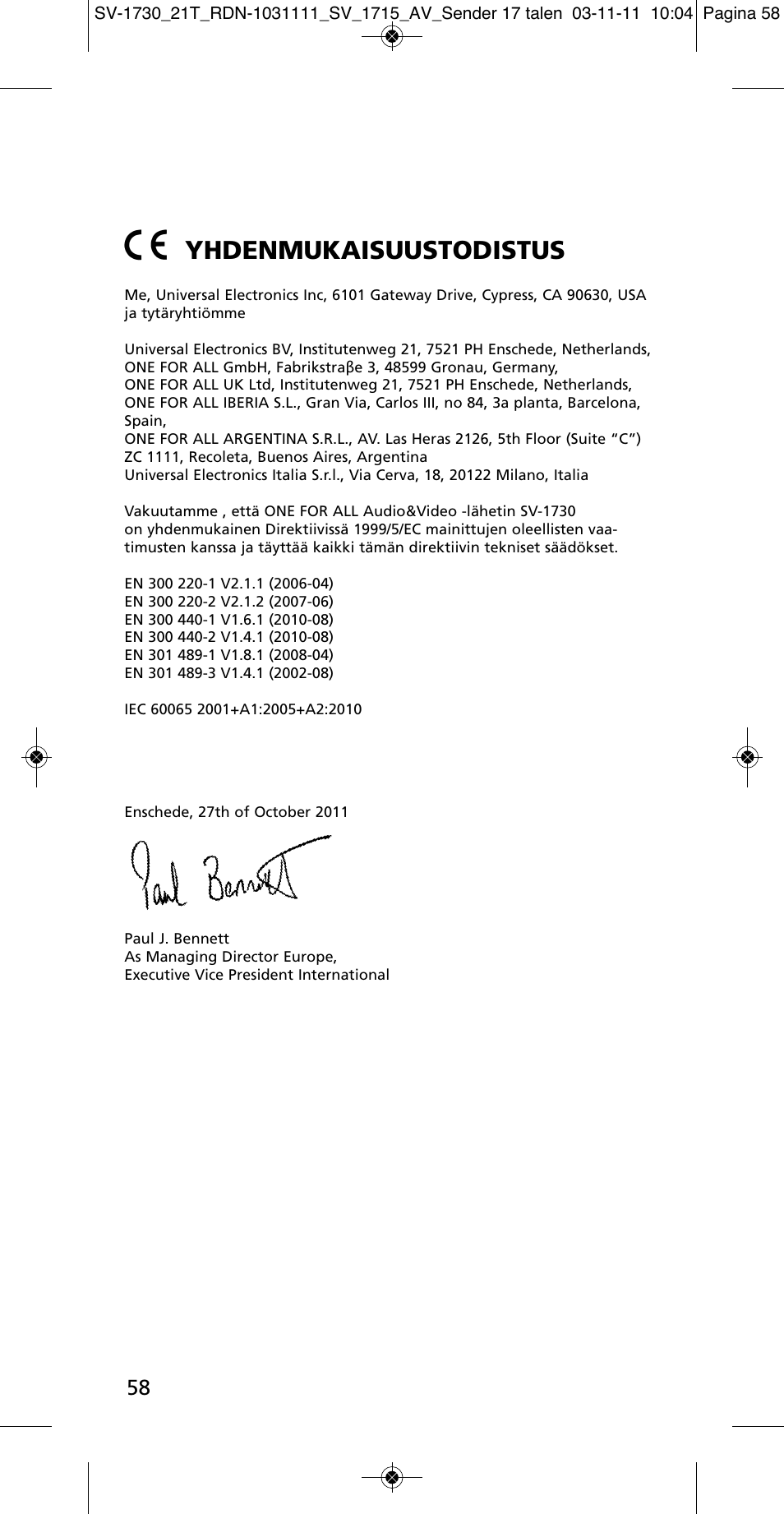 Yhdenmukaisuustodistus | One for All SV 1730 Wireless 5.8 Ghz TV Sender User Manual | Page 57 / 111