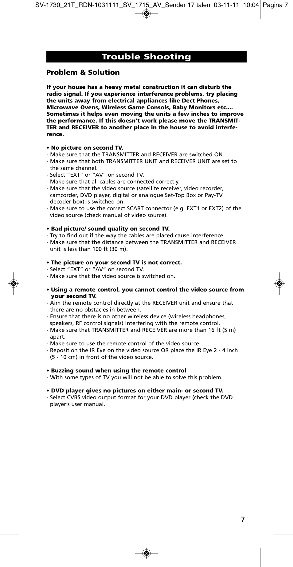 Trouble shooting, Problem & solution | One for All SV 1730 Wireless 5.8 Ghz TV Sender User Manual | Page 6 / 111