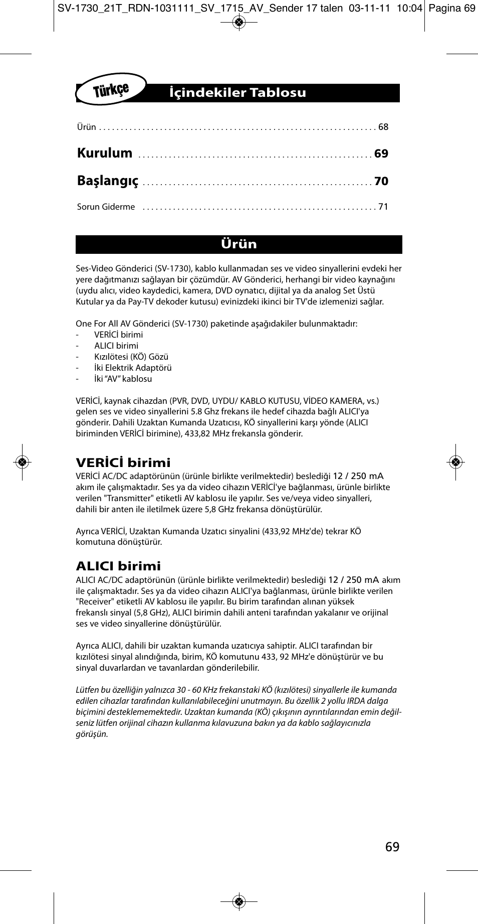 Türkçe, Kurulum, Başlangıç | Içindekiler tablosu, Verici birimi, Alici birimi, Ürün | One for All SV 1730 Wireless 5.8 Ghz TV Sender User Manual | Page 68 / 111