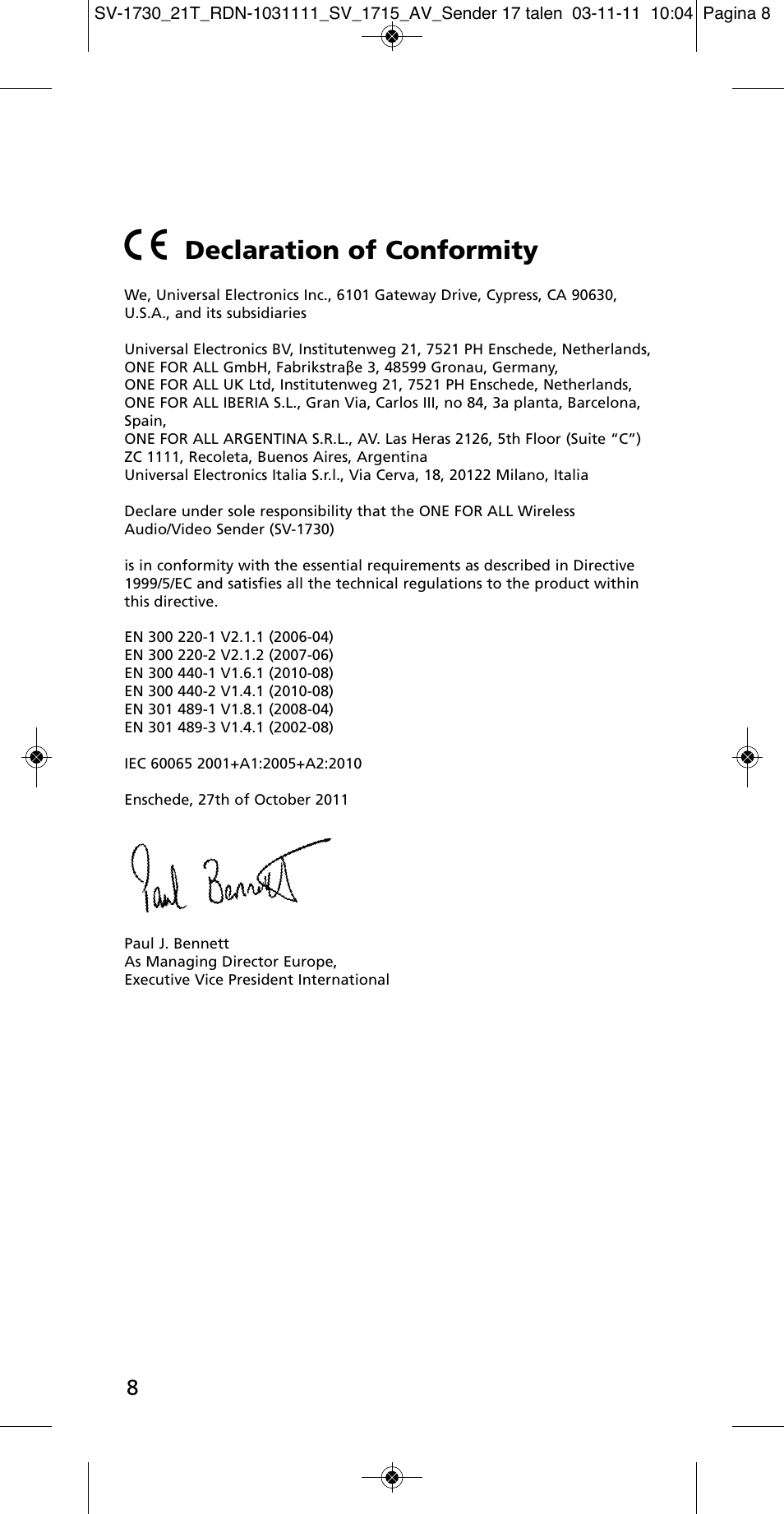 Declaration of conformity | One for All SV 1730 Wireless 5.8 Ghz TV Sender User Manual | Page 7 / 111