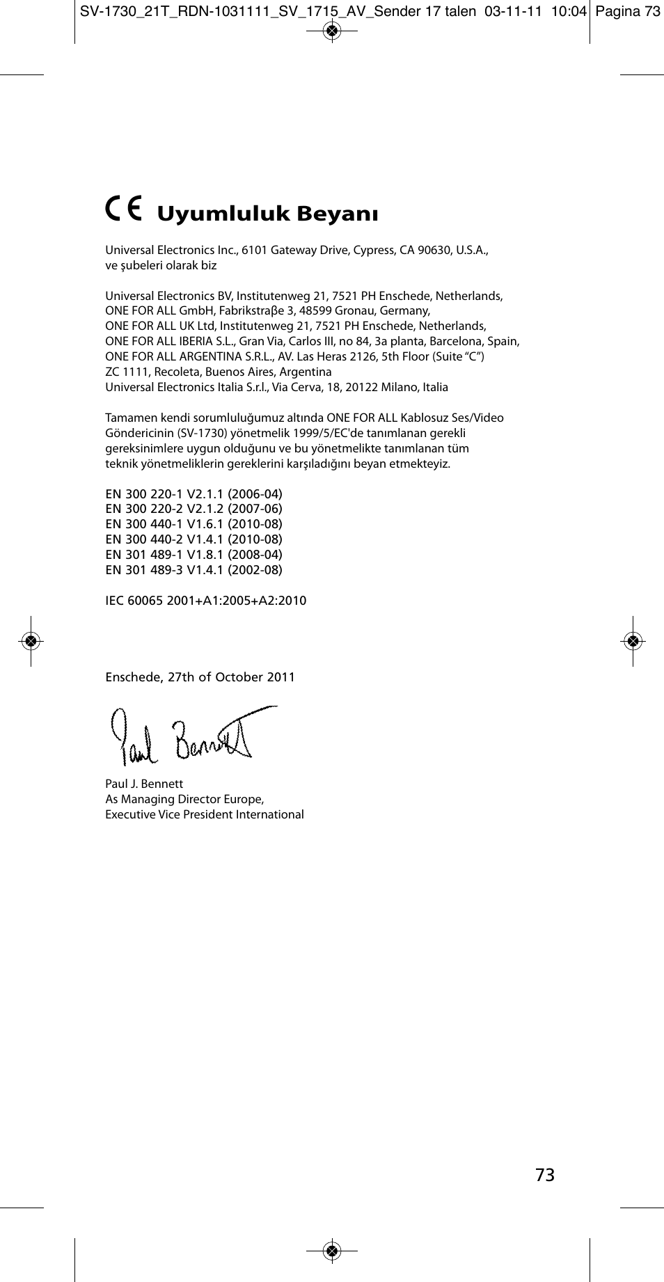 Uyumluluk beyanı | One for All SV 1730 Wireless 5.8 Ghz TV Sender User Manual | Page 72 / 111