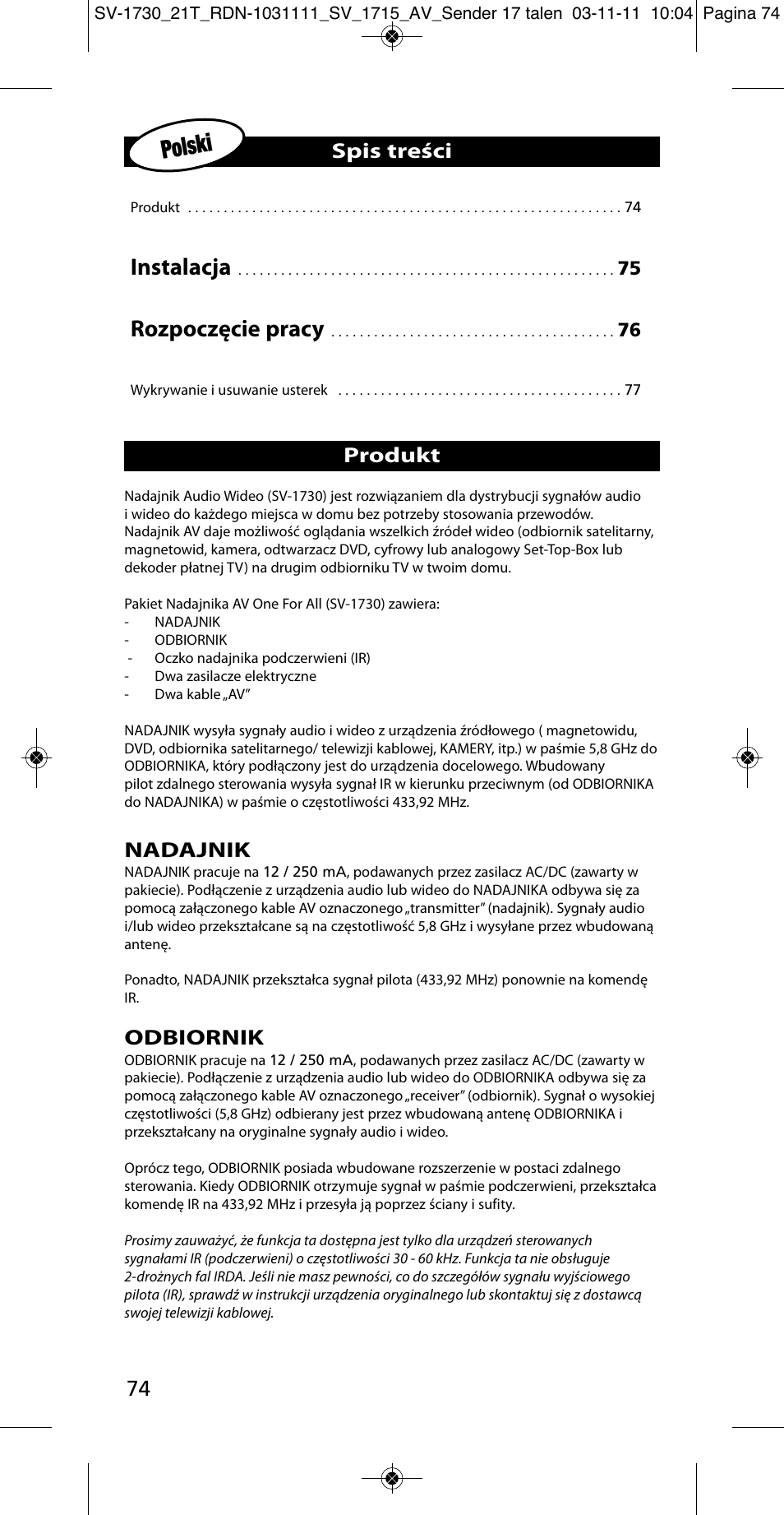 One for All SV 1730 Wireless 5.8 Ghz TV Sender User Manual | Page 73 / 111