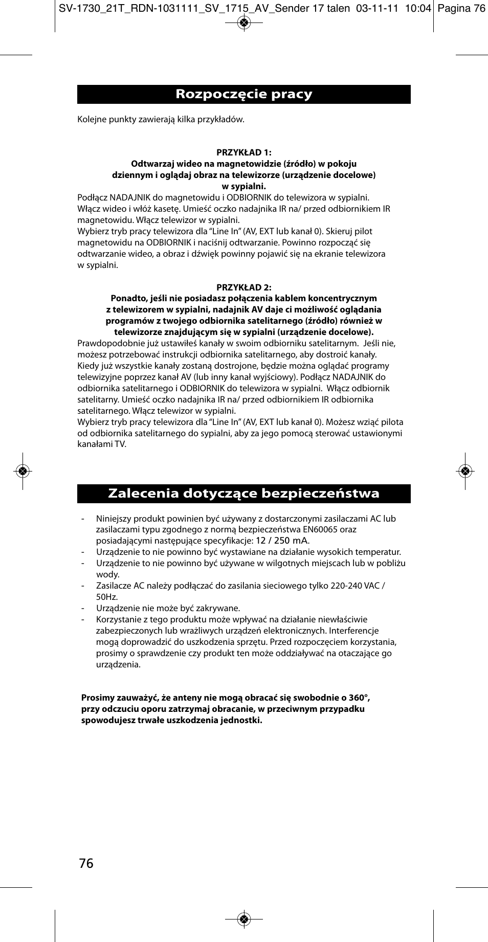 76 zalecenia dotyczące bezpieczeństwa, Rozpoczęcie pracy | One for All SV 1730 Wireless 5.8 Ghz TV Sender User Manual | Page 75 / 111