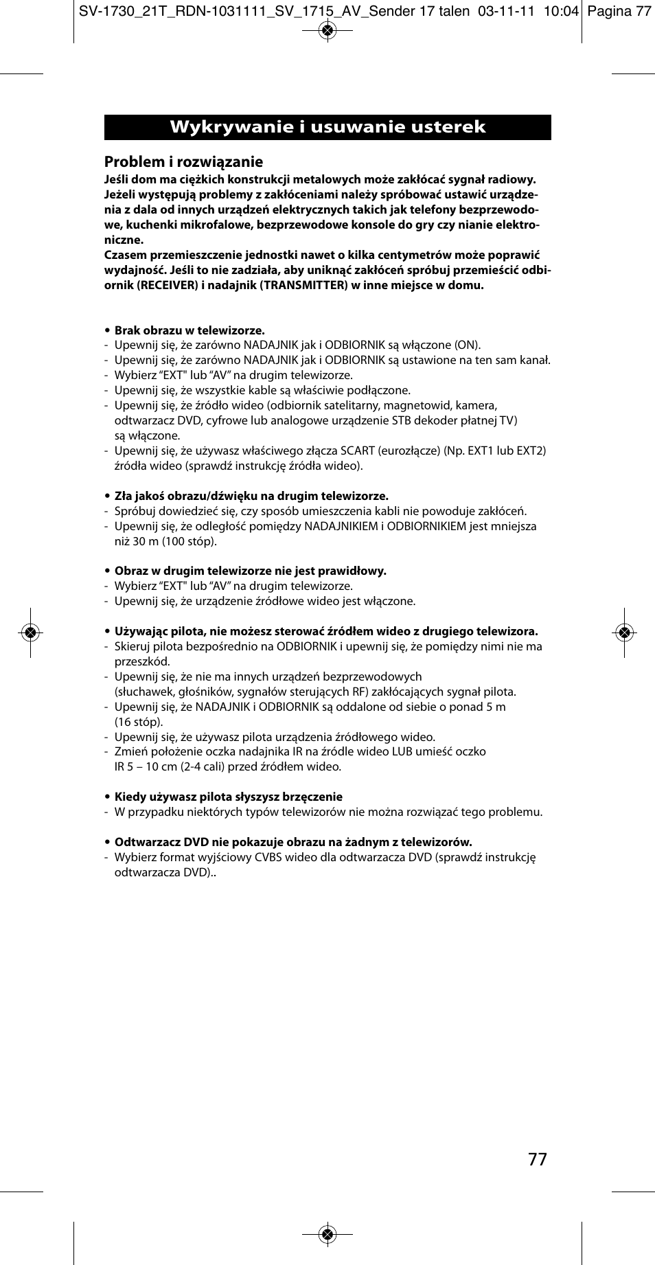 Wykrywanie i usuwanie usterek, Problem i rozwiązanie | One for All SV 1730 Wireless 5.8 Ghz TV Sender User Manual | Page 76 / 111