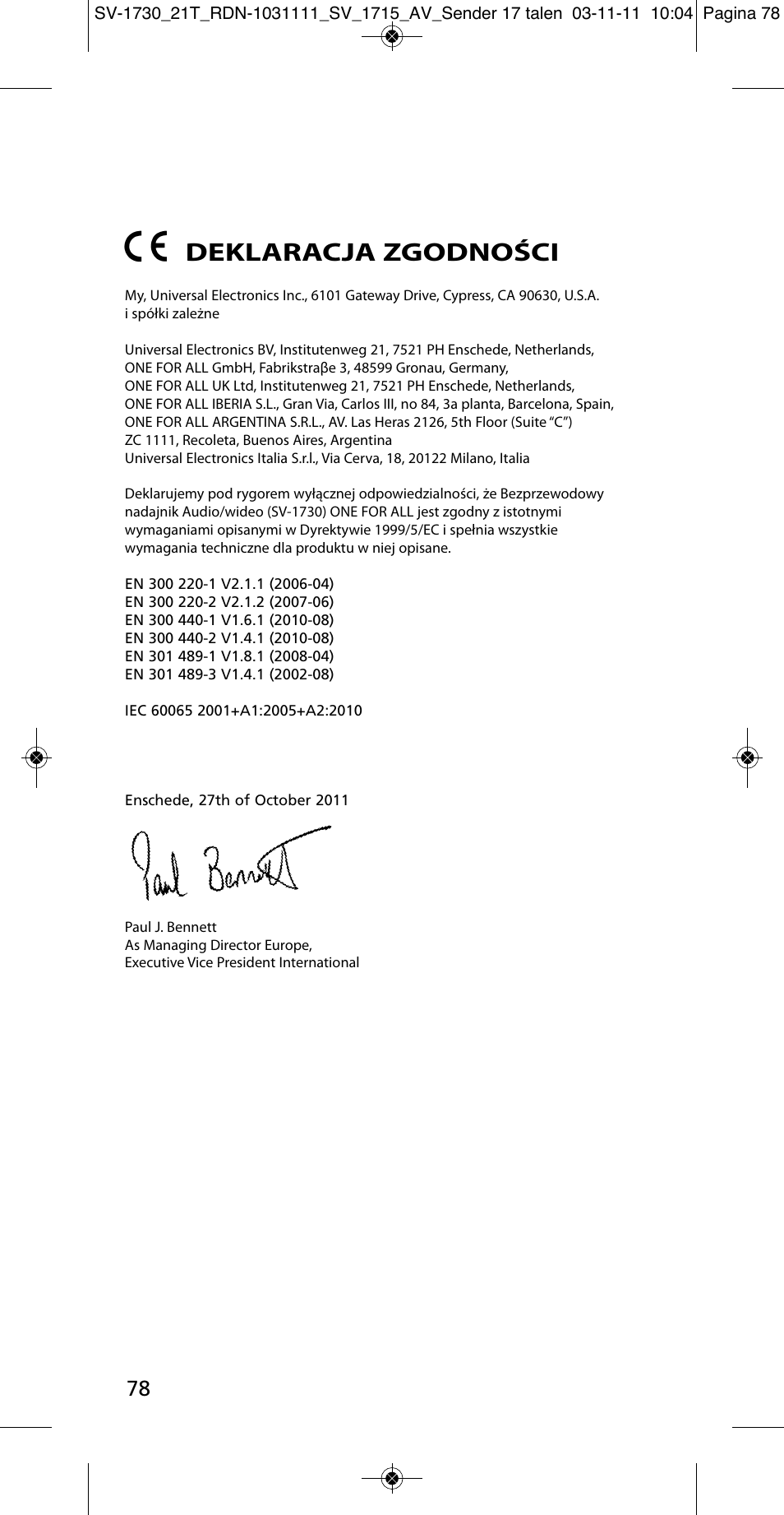 Deklaracja zgodności | One for All SV 1730 Wireless 5.8 Ghz TV Sender User Manual | Page 77 / 111