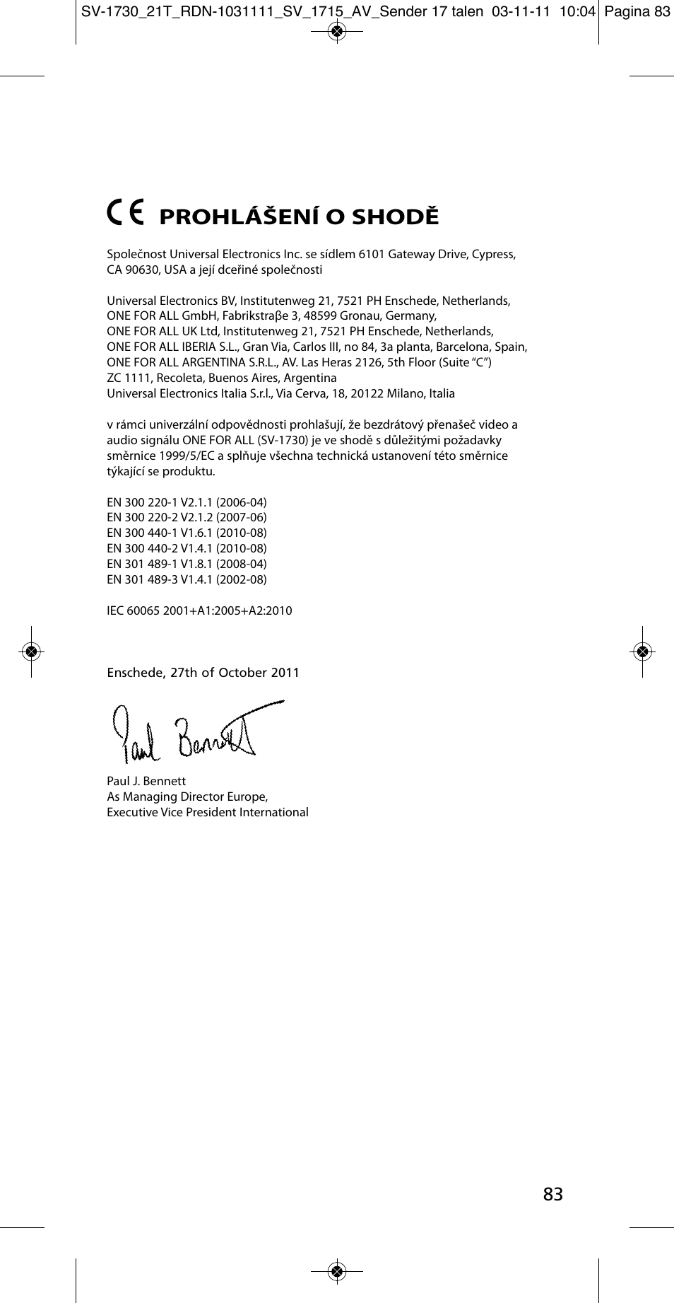 Prohlášení o shodě | One for All SV 1730 Wireless 5.8 Ghz TV Sender User Manual | Page 82 / 111