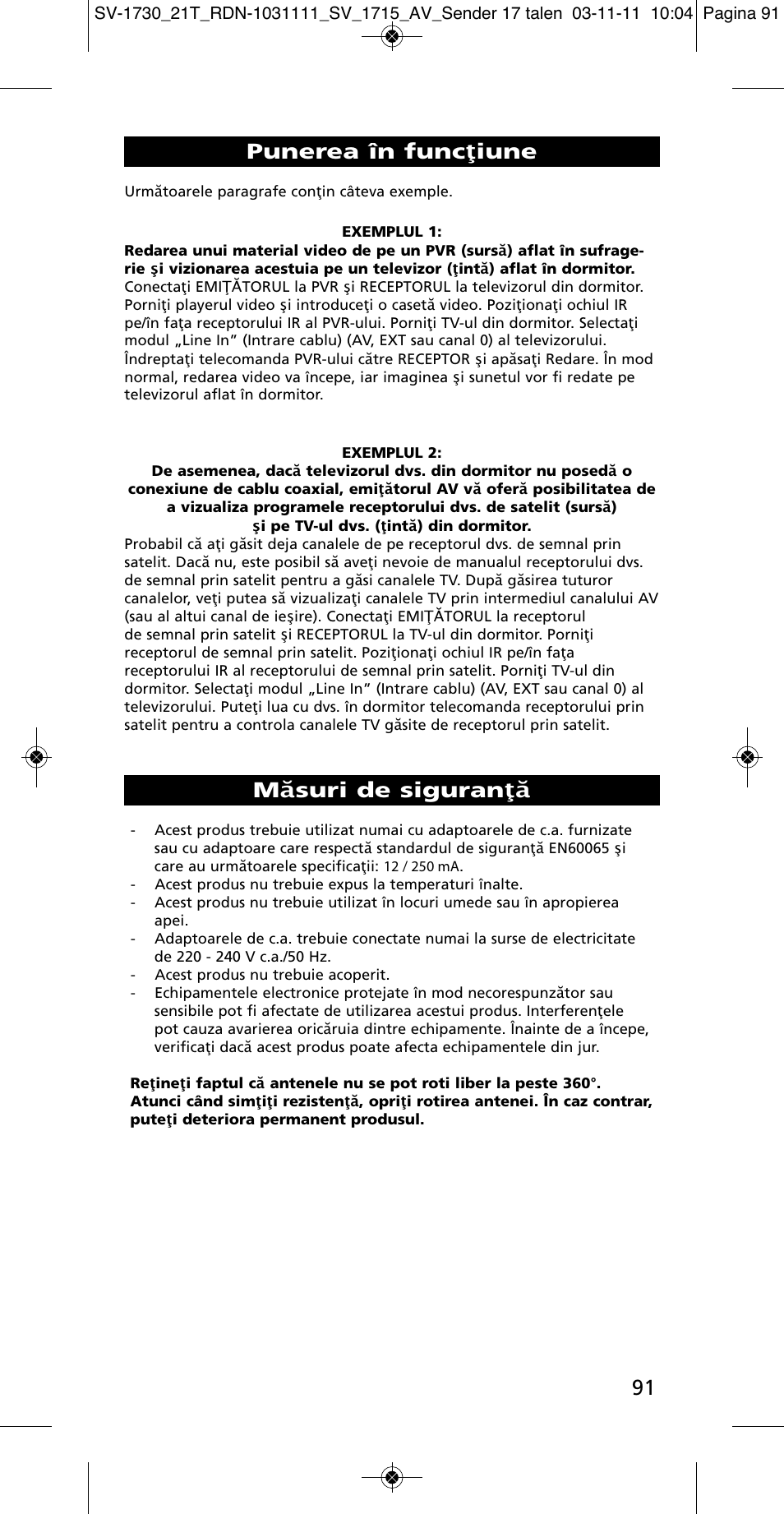 Punerea în funcţiune, Măsuri de siguranţă | One for All SV 1730 Wireless 5.8 Ghz TV Sender User Manual | Page 90 / 111