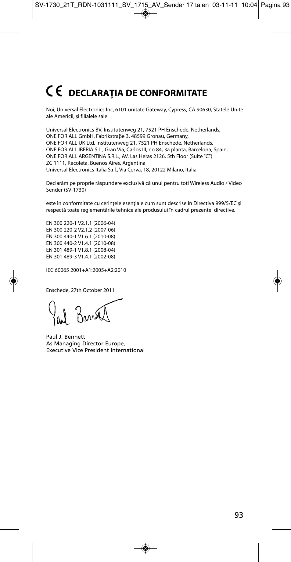 Declaraţia de conformitate | One for All SV 1730 Wireless 5.8 Ghz TV Sender User Manual | Page 92 / 111