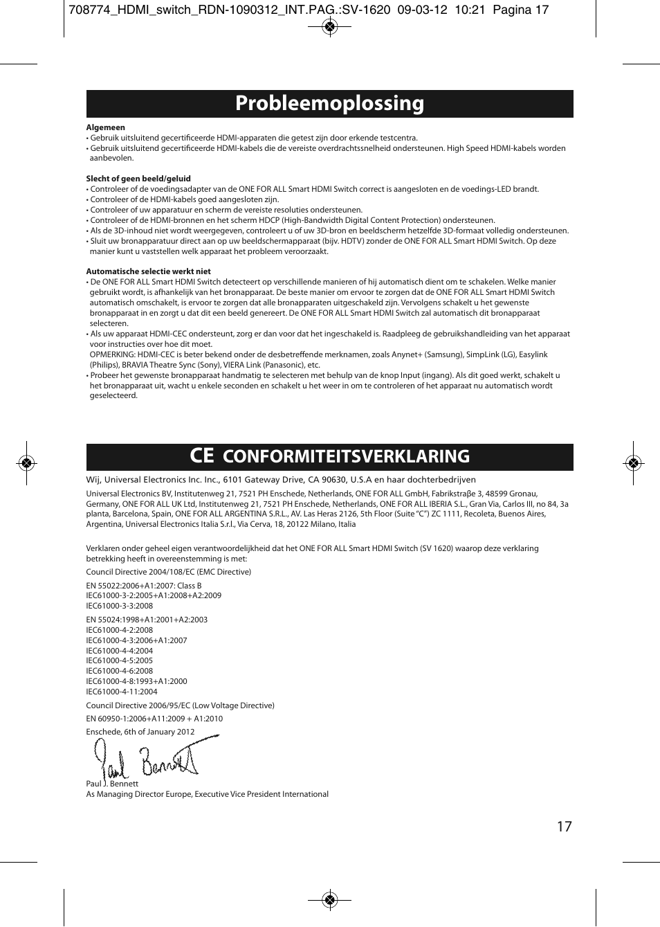 Probleemoplossing, Conformiteitsverklaring | One for All SV 1620 Smart HDMI switch User Manual | Page 13 / 48