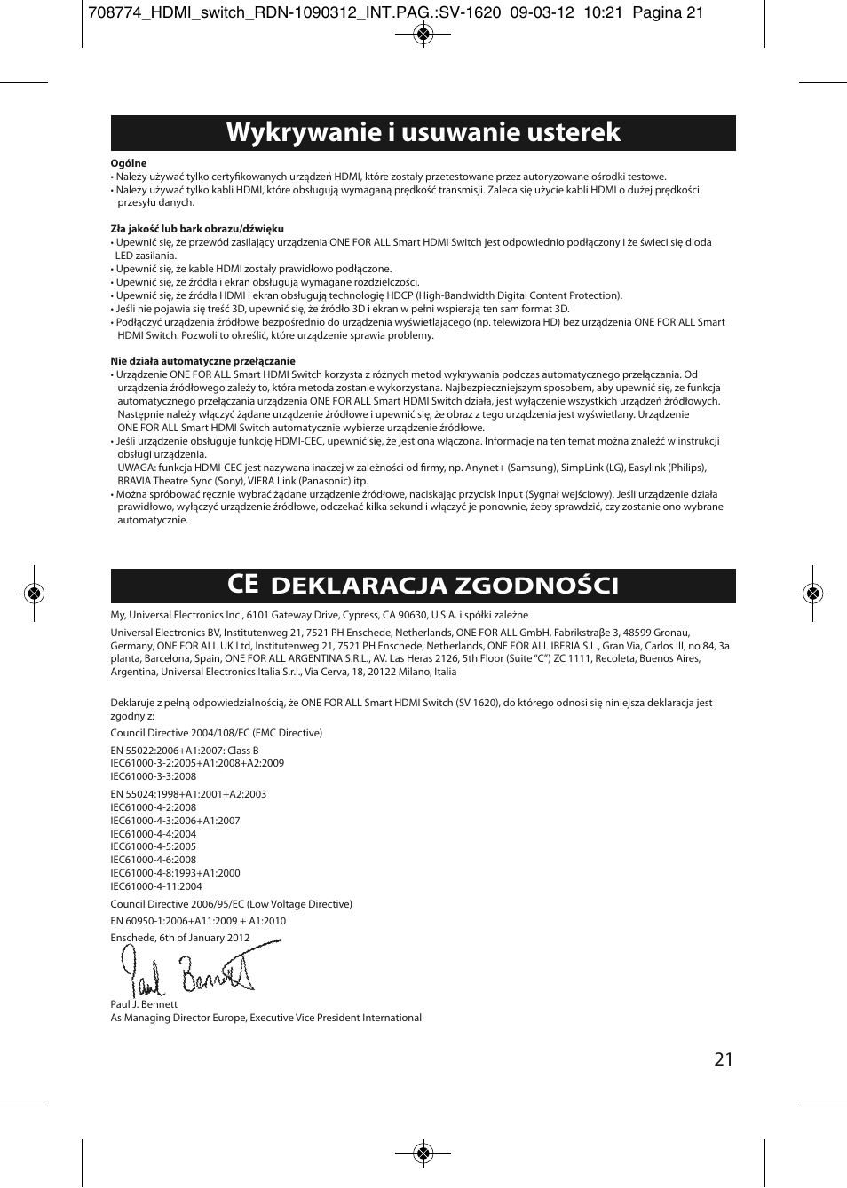 Wykrywanie i usuwanie usterek, Deklaracja zgodności | One for All SV 1620 Smart HDMI switch User Manual | Page 17 / 48