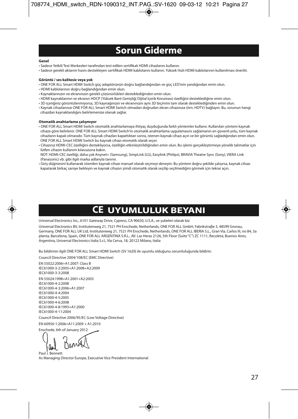 Sorun giderme, Uyumluluk beyani | One for All SV 1620 Smart HDMI switch User Manual | Page 23 / 48