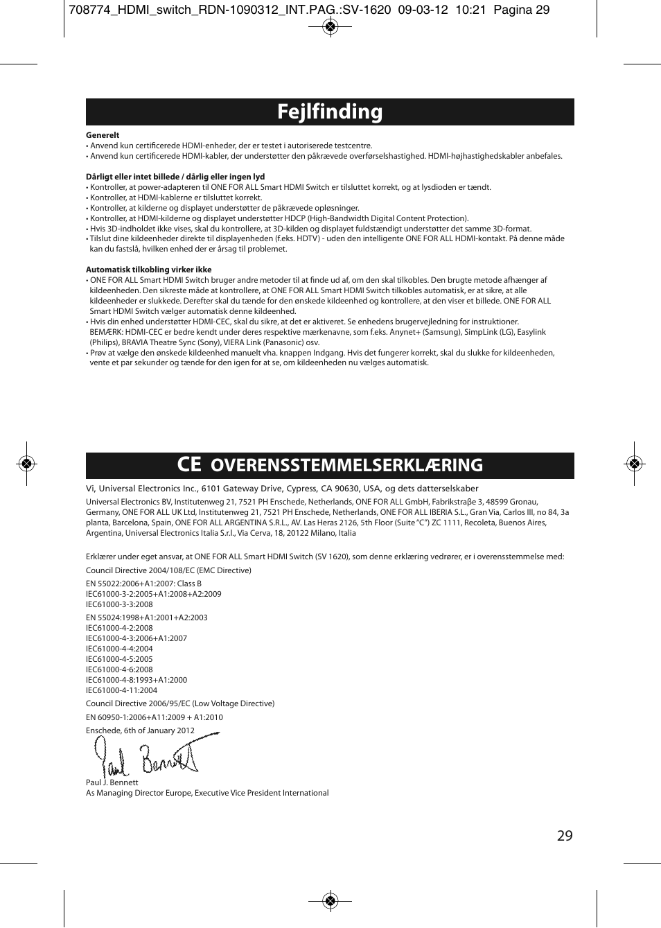 Fejlfinding, Overensstemmelserklæring | One for All SV 1620 Smart HDMI switch User Manual | Page 25 / 48