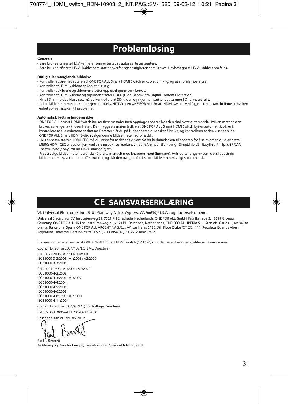 Problemløsing, Samsvarserklæring | One for All SV 1620 Smart HDMI switch User Manual | Page 27 / 48