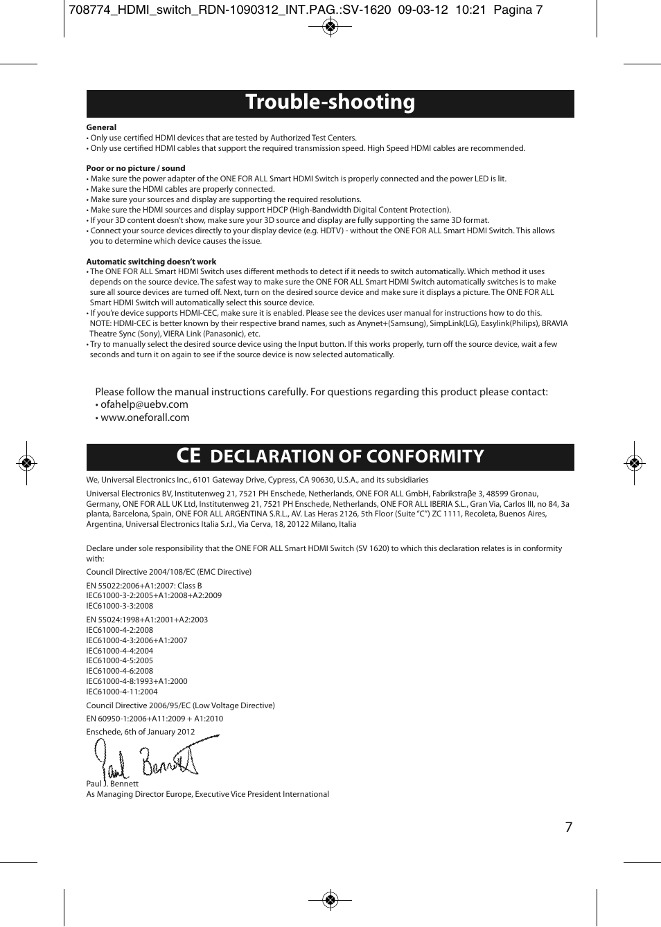 Trouble-shooting, Declaration of conformity | One for All SV 1620 Smart HDMI switch User Manual | Page 3 / 48