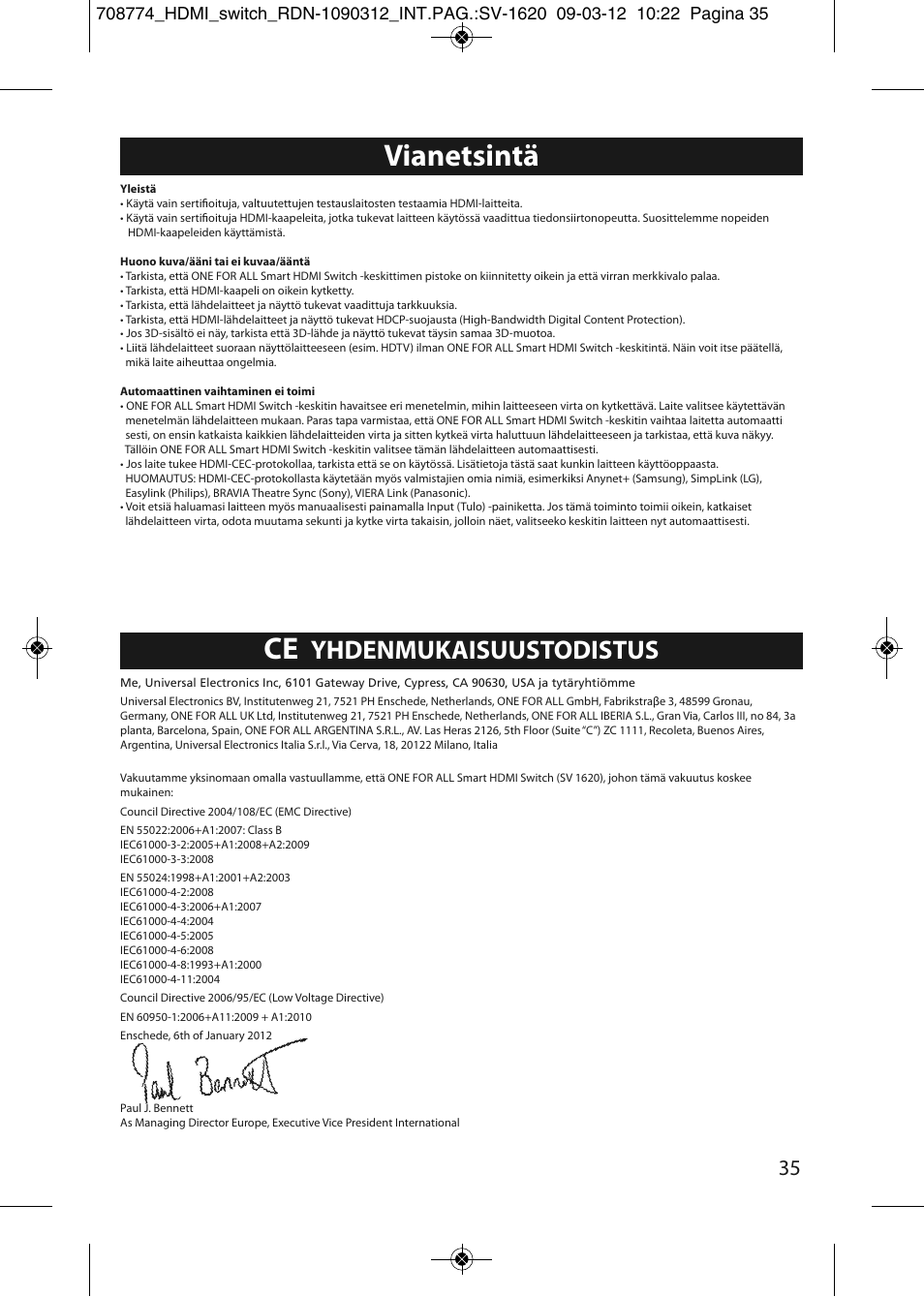 Vianetsintä, Yhdenmukaisuustodistus | One for All SV 1620 Smart HDMI switch User Manual | Page 31 / 48