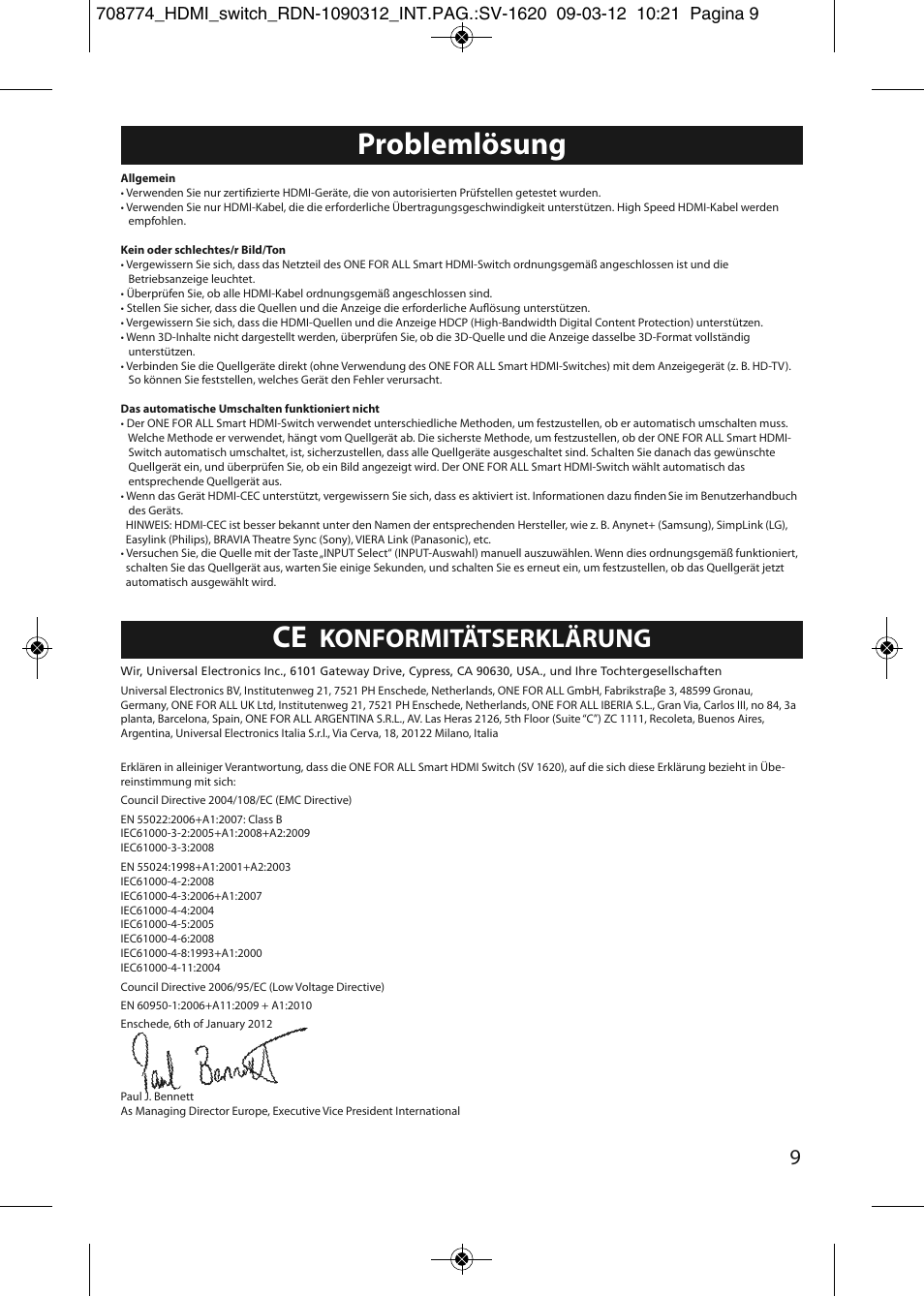 Problemlösung, Konformitätserklärung | One for All SV 1620 Smart HDMI switch User Manual | Page 5 / 48