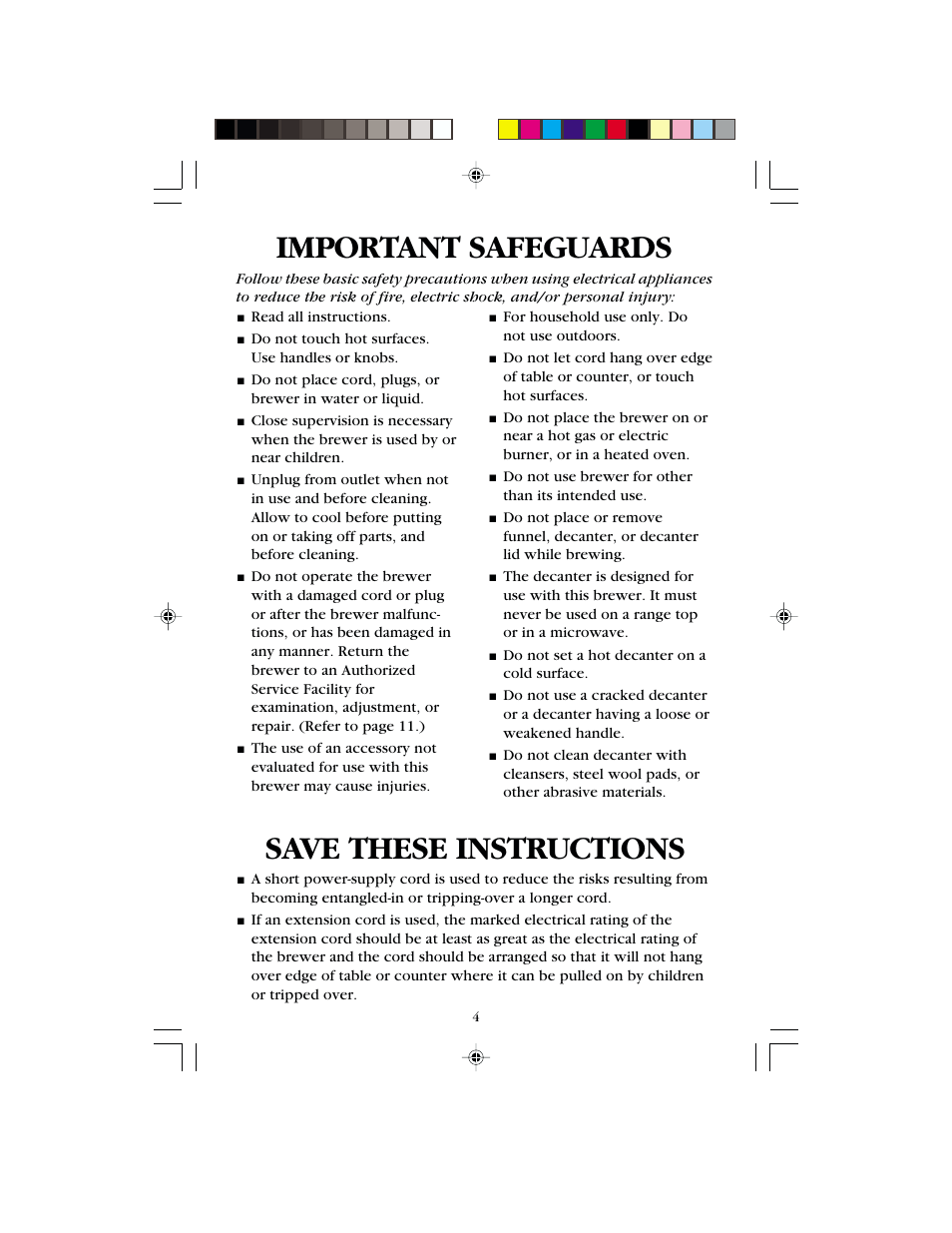 Important safeguards, Save these instructions | Bunn B8 User Manual | Page 4 / 12