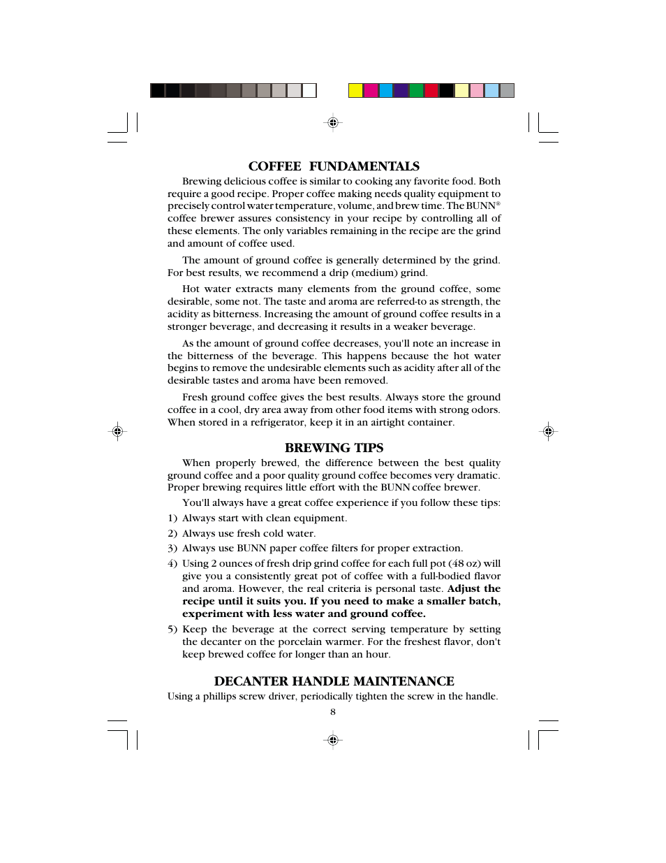 Coffee fundamentals, Brewing tips, Decanter handle maintenance | Bunn B8 User Manual | Page 8 / 12