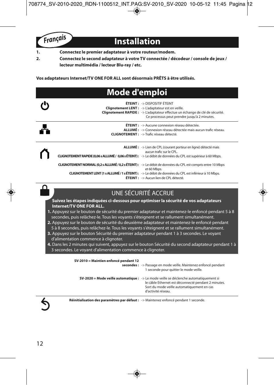 Installation, Mode d'emploi, Français | Une sécurité accrue | One for All SV 2010 Internet to TV Link 200Mbps User Manual | Page 10 / 50