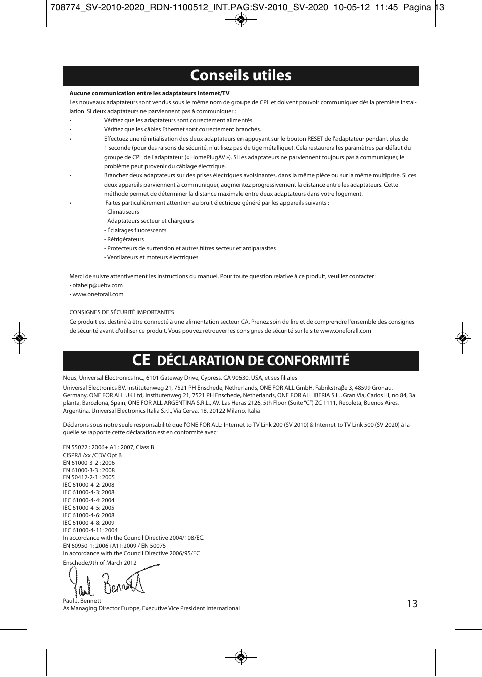 Conseils utiles, Déclaration de conformité | One for All SV 2010 Internet to TV Link 200Mbps User Manual | Page 11 / 50