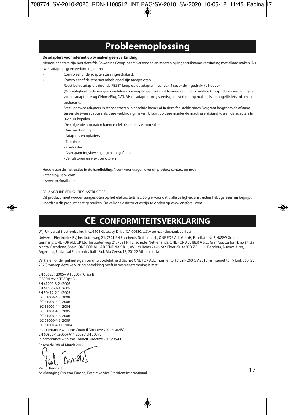 Probleemoplossing, Conformiteitsverklaring | One for All SV 2010 Internet to TV Link 200Mbps User Manual | Page 15 / 50