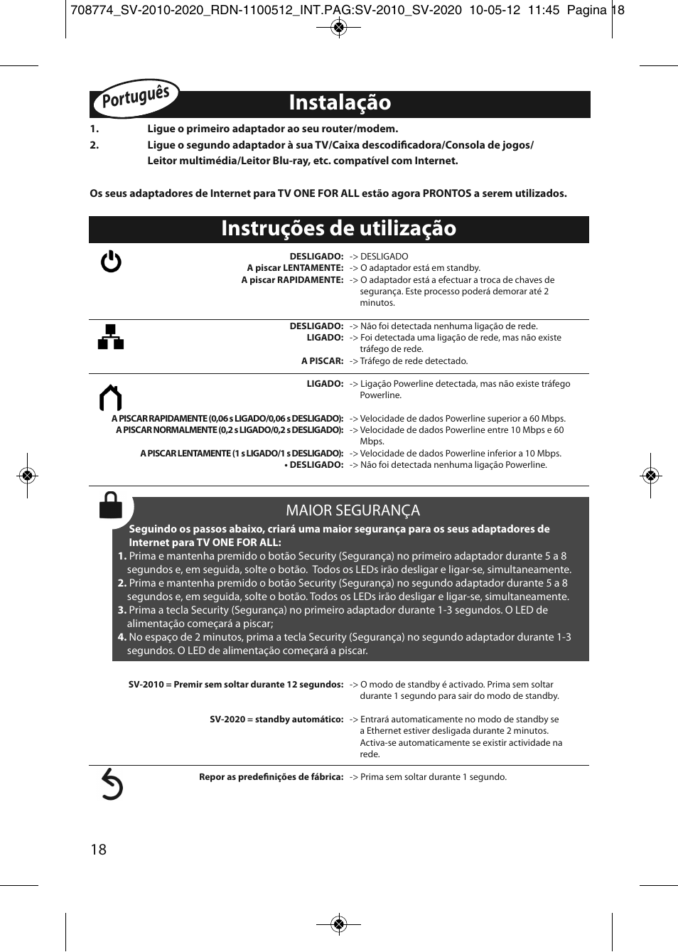 Instalação, Instruções de utilização, Portugu ês | Maior segurança | One for All SV 2010 Internet to TV Link 200Mbps User Manual | Page 16 / 50