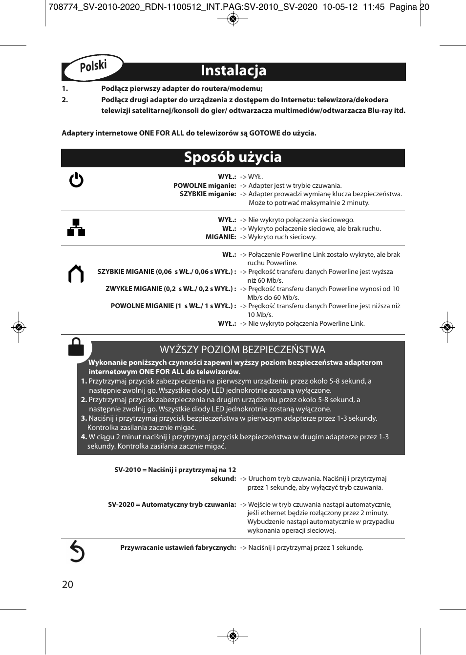 Instalacja, Sposób użycia, Polski | Wyższy poziom bezpieczeństwa | One for All SV 2010 Internet to TV Link 200Mbps User Manual | Page 18 / 50