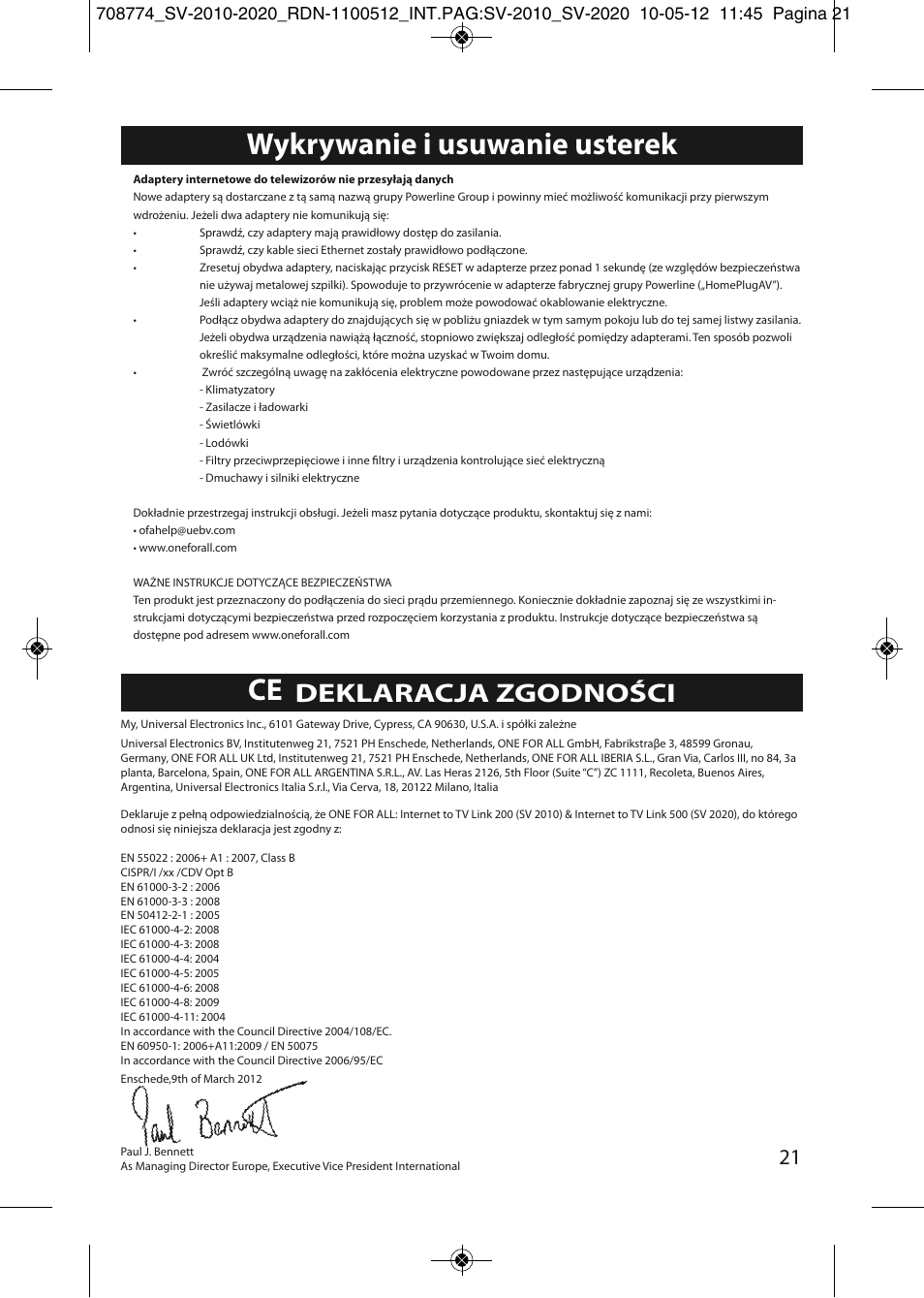 Wykrywanie i usuwanie usterek, Deklaracja zgodności | One for All SV 2010 Internet to TV Link 200Mbps User Manual | Page 19 / 50