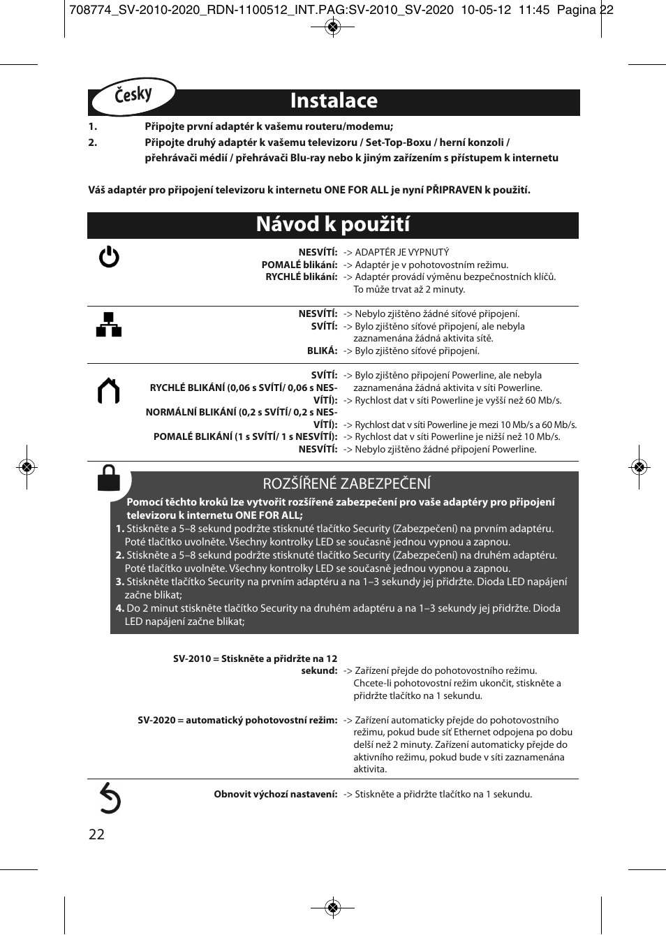 Instalace, Návod k použití, Česky | Rozšířené zabezpečení | One for All SV 2010 Internet to TV Link 200Mbps User Manual | Page 20 / 50