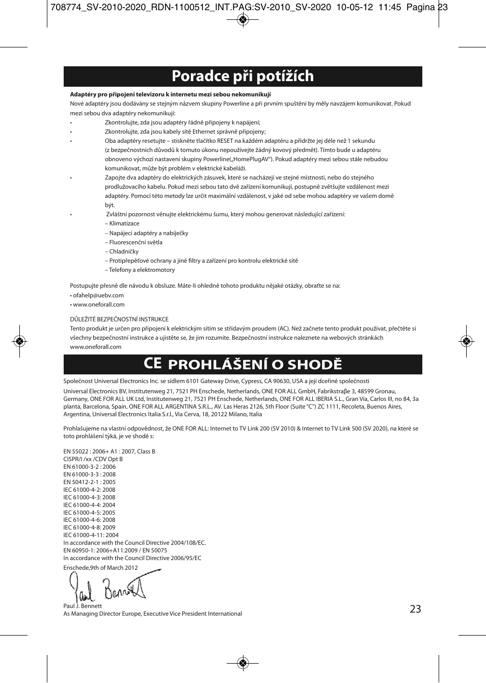 Poradce při potížích, Prohlášení o shodě | One for All SV 2010 Internet to TV Link 200Mbps User Manual | Page 21 / 50