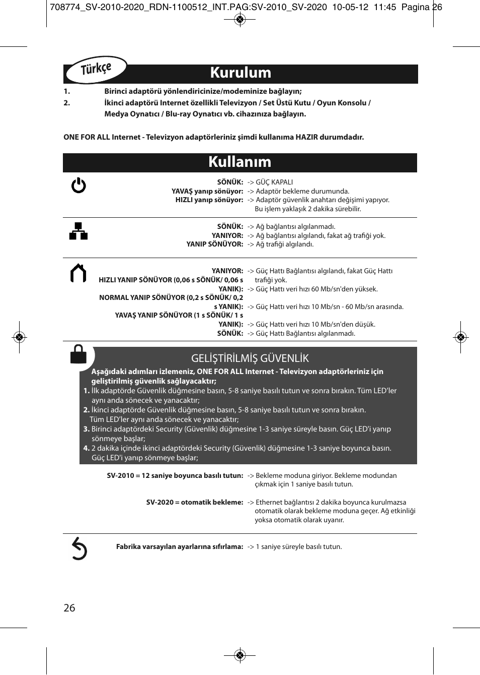 Kurulum, Kullanım, Türkçe | Geliştirilmiş güvenlik | One for All SV 2010 Internet to TV Link 200Mbps User Manual | Page 24 / 50
