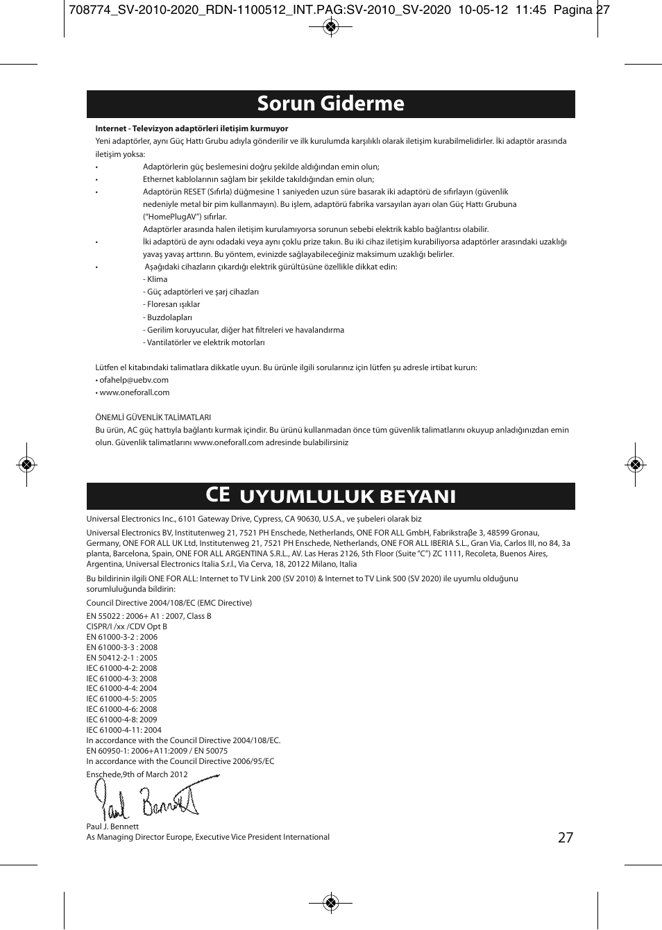 Sorun giderme, Uyumluluk beyani | One for All SV 2010 Internet to TV Link 200Mbps User Manual | Page 25 / 50
