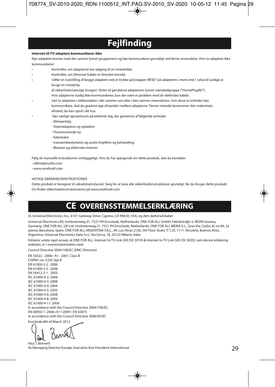 Fejlfinding, Overensstemmelserklæring | One for All SV 2010 Internet to TV Link 200Mbps User Manual | Page 27 / 50