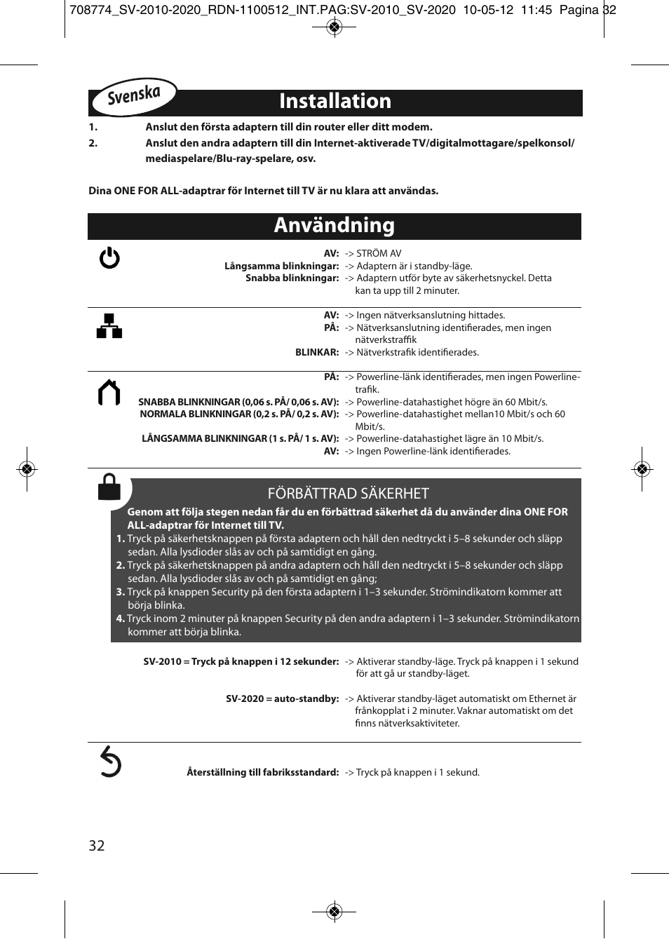 Installation, Användning, Svenska | Förbättrad säkerhet | One for All SV 2010 Internet to TV Link 200Mbps User Manual | Page 30 / 50