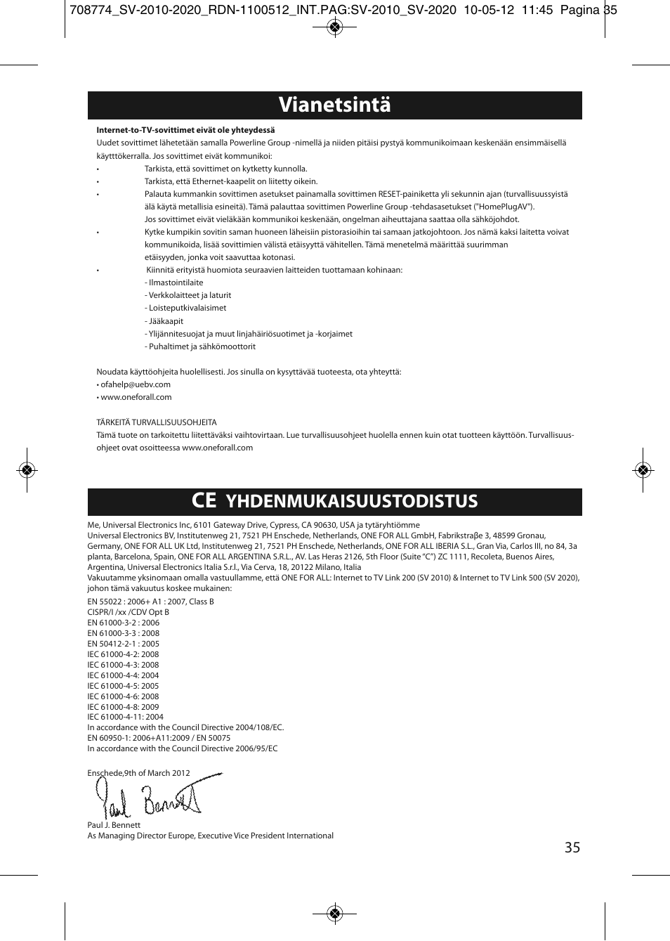 Vianetsintä, Yhdenmukaisuustodistus | One for All SV 2010 Internet to TV Link 200Mbps User Manual | Page 33 / 50