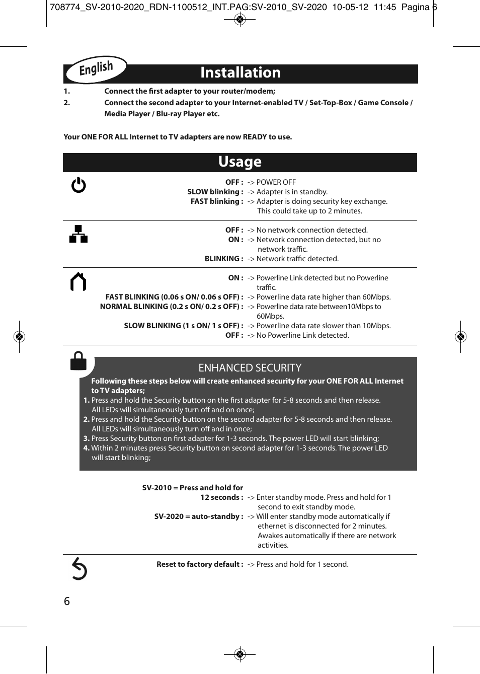 Installation, Usage, English | Enhanced security | One for All SV 2010 Internet to TV Link 200Mbps User Manual | Page 4 / 50