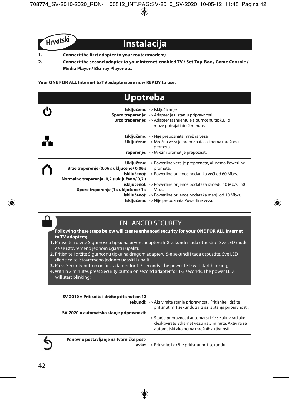 Instalacija, Upotreba, Hrvatsk i | Enhanced security | One for All SV 2010 Internet to TV Link 200Mbps User Manual | Page 40 / 50