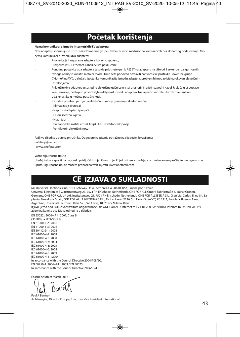 Početak korištenja, Izjava o sukladnosti | One for All SV 2010 Internet to TV Link 200Mbps User Manual | Page 41 / 50
