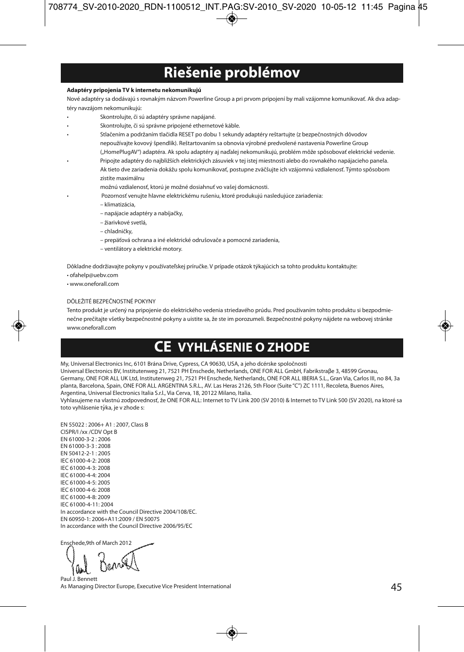 Riešenie problémov, Vyhlásenie o zhode | One for All SV 2010 Internet to TV Link 200Mbps User Manual | Page 43 / 50
