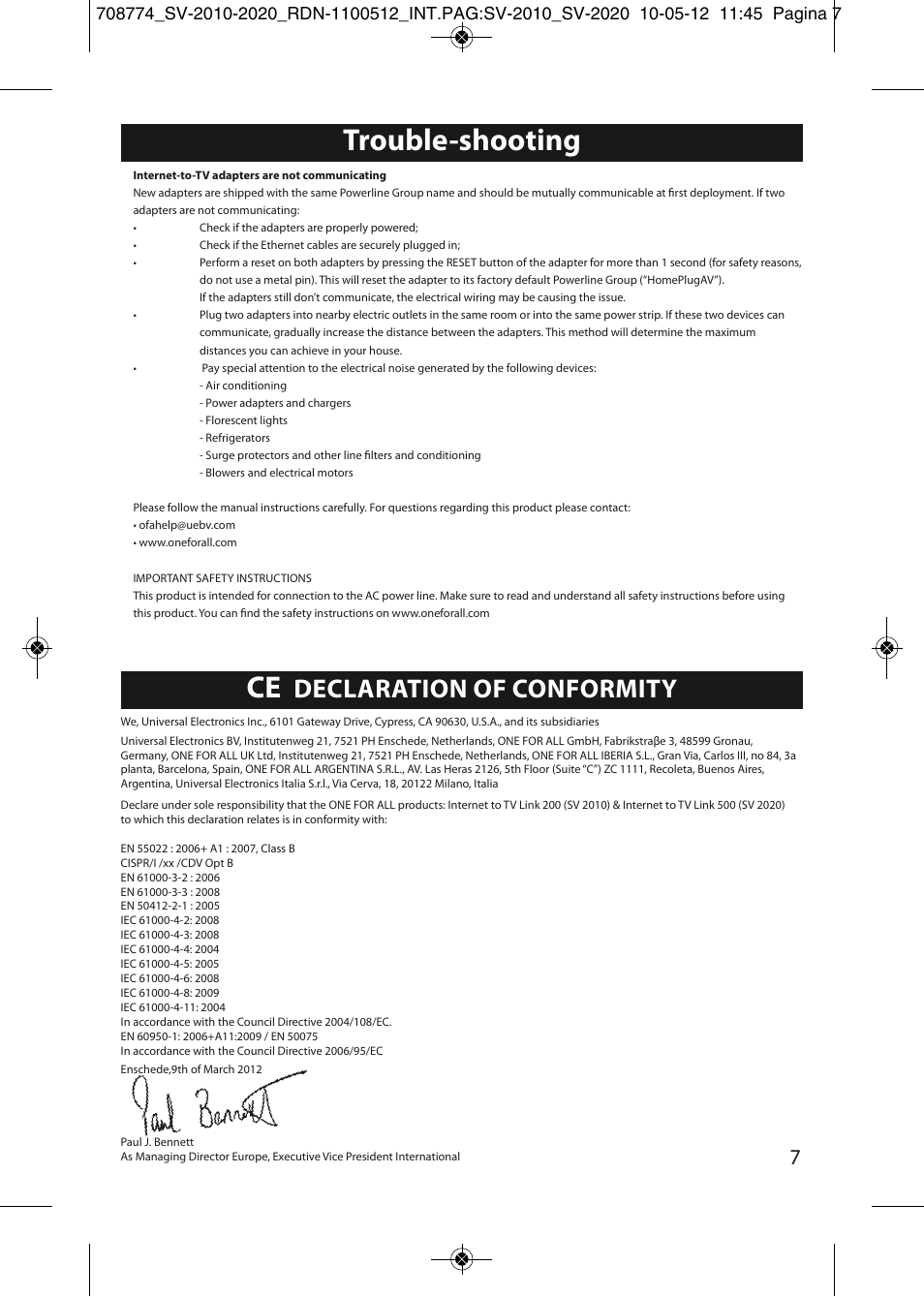 Trouble-shooting, Declaration of conformity | One for All SV 2010 Internet to TV Link 200Mbps User Manual | Page 5 / 50