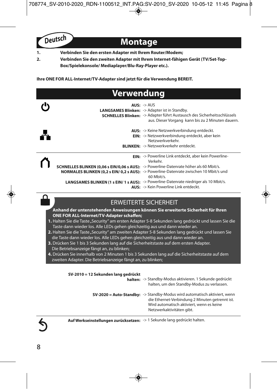 Montage, Verwendung, Deutsch | Erweiterte sicherheit | One for All SV 2010 Internet to TV Link 200Mbps User Manual | Page 6 / 50