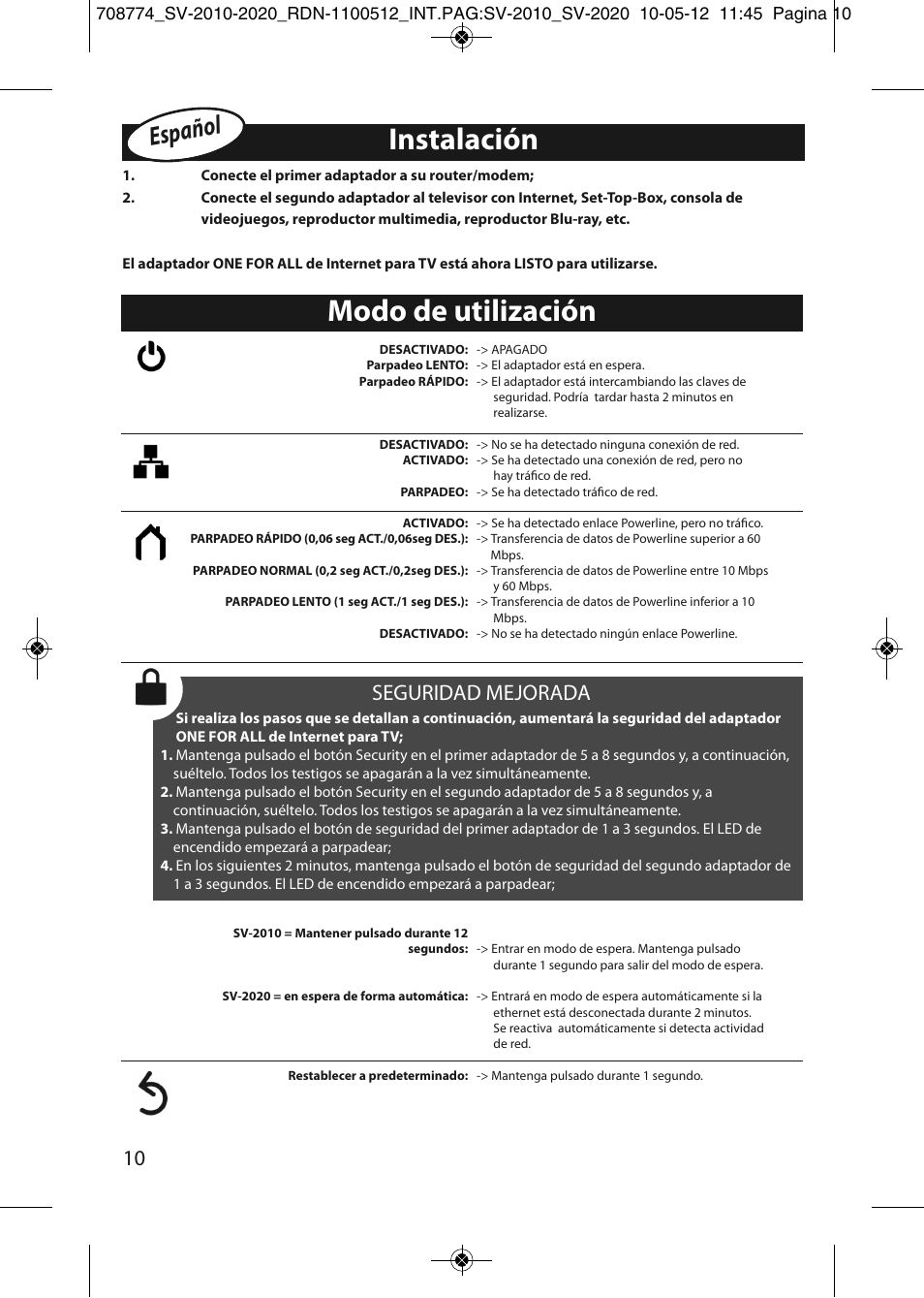 Instalación, Modo de utilización, Español | Seguridad mejorada | One for All SV 2010 Internet to TV Link 200Mbps User Manual | Page 8 / 50